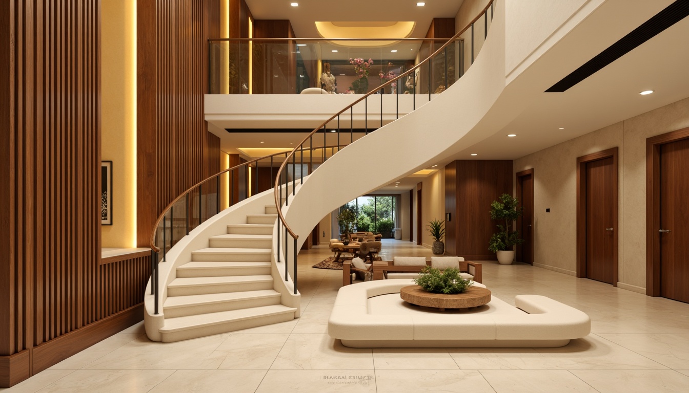 Prompt: Luxurious staircase, curved banister, rich wood tones, warm beige walls, creamy white railings, soft golden lighting, elegant chrome accents, modern minimalist design, open floor plan, spacious living area, high ceilings, dramatic vertical space, subtle gradient effect, 1/2 composition, cinematic lighting, realistic wood textures, ambient shadows.