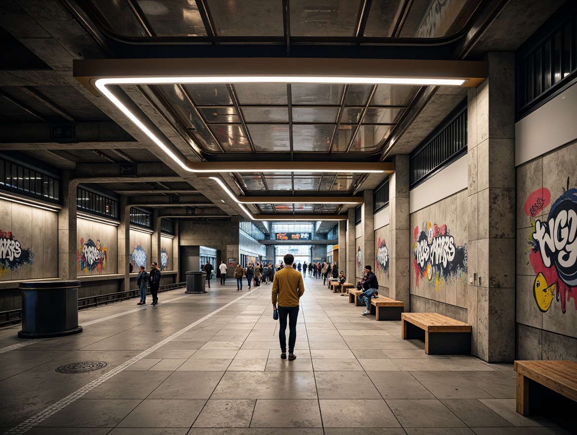 Prompt: Urban metro station, industrial atmosphere, exposed concrete walls, metallic beams, rough stone floors, LED light installations, futuristic glass ceilings, sleek steel railings, modern minimalist benches, vibrant urban graffiti, busy rush hour scenes, soft warm lighting, shallow depth of field, 1/2 composition, realistic reflections, ambient occlusion.