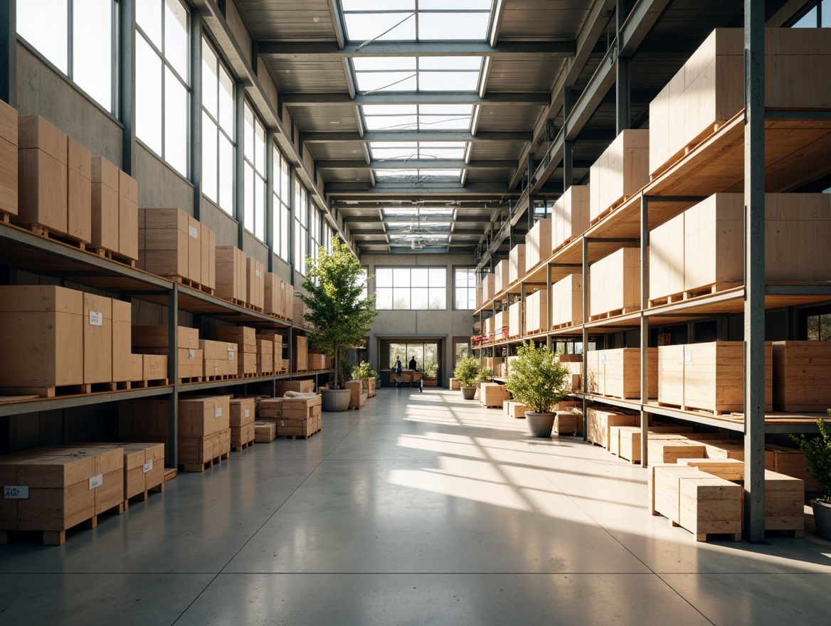 Prompt: Well-ventilated storage space, natural light pouring in, overhead skylights, clerestory windows, translucent roof panels, industrial metal beams, exposed ductwork, polished concrete floors, modular shelving units, minimalist decor, soft ambient lighting, warm beige tones, textured fabric storage bins, reclaimed wood accents, airy atmosphere, 1/2 composition, realistic shadows, subtle depth of field, morning sunlight.