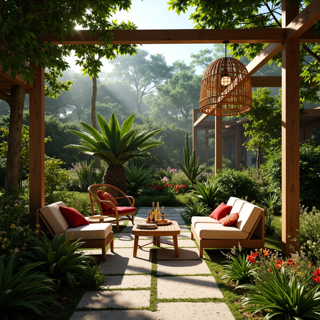 Prompt: Vibrant tropical garden, lush green foliage, exotic flowers, warm sunny day, soft diffused lighting, subtle shadows, natural stone pathways, wooden accents, rattan furniture, colorful textiles, woven bamboo shades, misty atmosphere, warm color temperature, high contrast ratio, dramatic spotlighting, 1/1 composition, realistic rendering, ambient occlusion.