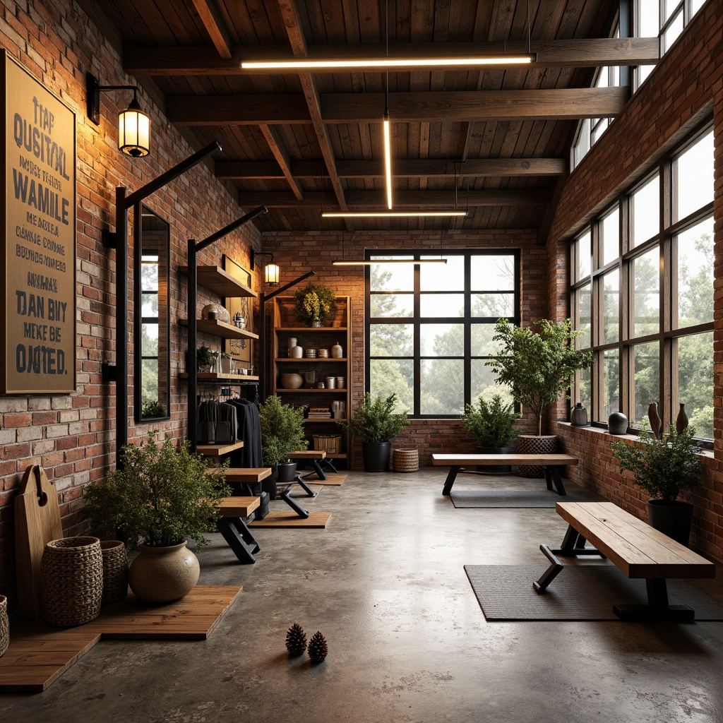 Prompt: Rustic home gym, reclaimed wood accents, earthy color palette, industrial metal equipment, vintage athletic gear, distressed concrete floors, exposed brick walls, wooden beams, natural light pouring in, large windows, clerestory windows, soft warm lighting, LED strip lights, metal pendant lamps, rustic wooden lanterns, dimmable fixtures, cozy ambiance, relaxed atmosphere, nature-inspired decor, pinecone accents, woven baskets, potted greenery, motivational quotes, inspirational posters, wooden floor mirrors, industrial-style benches, heavy-duty workout equipment.