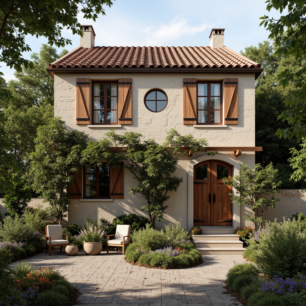 Prompt: Rustic French country cottage, stone fa\u00e7ade, steeply pitched roof, terra cotta tiles, wooden shutters, ornate metalwork, distressed wood doors, heavy iron hinges, vintage door handles, soft warm lighting, natural textures, earthy color palette, lush greenery, blooming flowers, cobblestone pathways, antique furniture, classic architectural ornaments, symmetrical fa\u00e7ade, balanced composition, shallow depth of field, 1/1 ratio, realistic rendering.Let me know if this meets your expectations!