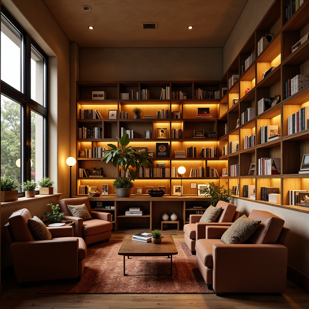 Prompt: Cozy bookstore, warm ambient lighting, soft golden glow, floor lamps, table lamps, bookshelf illumination, comfortable reading nooks, plush armchairs, wooden flooring, rich wood tones, calming color scheme, warm beige walls, large windows, natural daylight, subtle shadows, 1/2 composition, realistic textures, ambient occlusion.