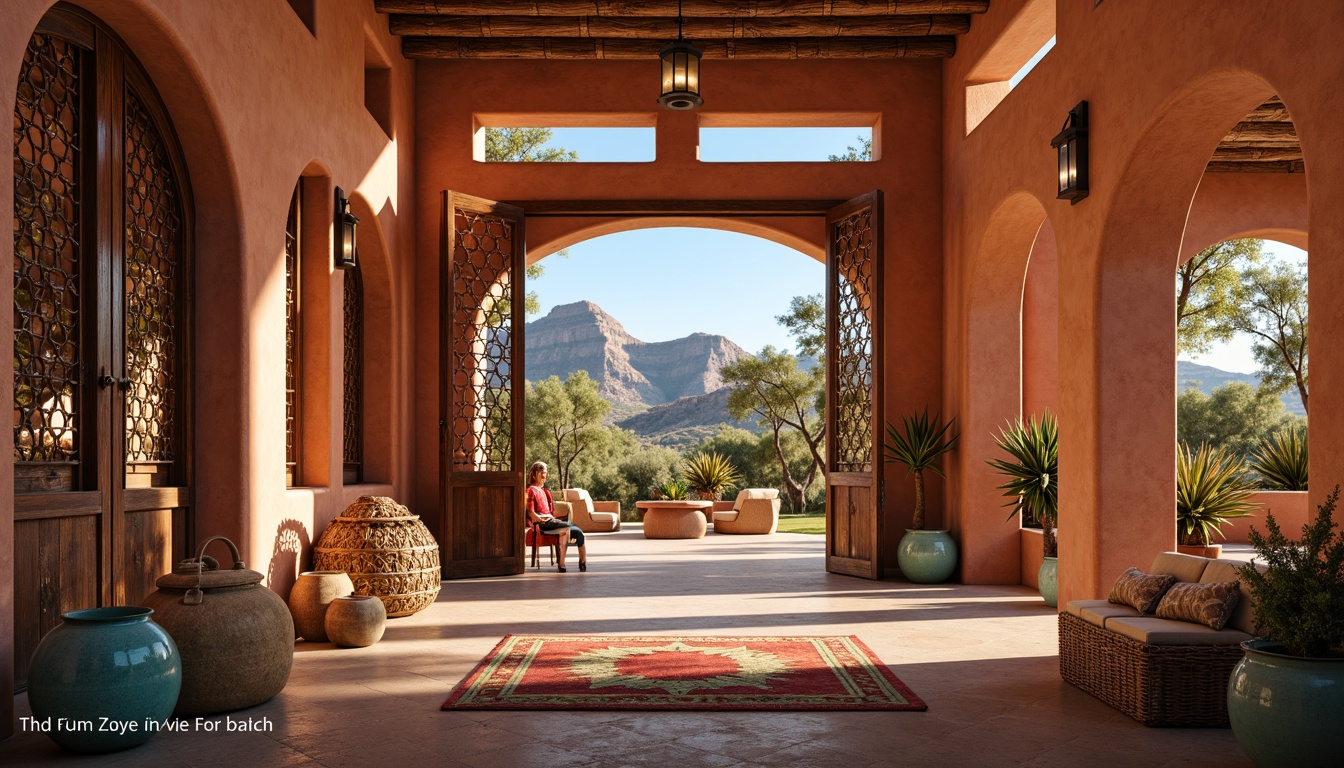 Prompt: Vibrant adobe architecture, warm earthy tones, turquoise accents, hand-carved wooden doors, ornate metalwork, colorful textiles, woven baskets, rustic stone walls, lantern-style lighting, warm golden illumination, soft ambient glow, dramatic high ceiling, open courtyard, desert landscape, majestic mountain ranges, clear blue sky, sunny day, shallow depth of field, 1/2 composition, realistic textures, ambient occlusion.