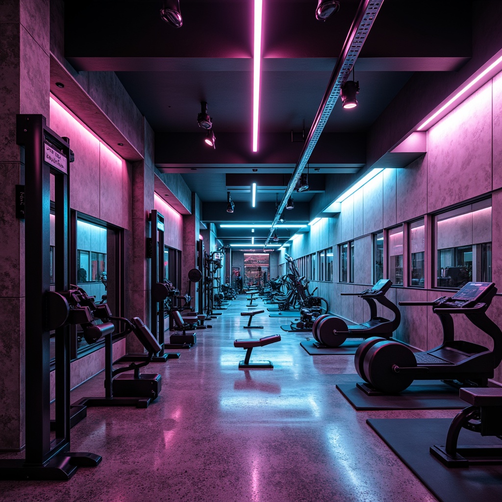 Prompt: Luxurious gym interior, high-gloss epoxy flooring, metallic silver accents, industrial-chic concrete walls, sleek black equipment, futuristic LED lighting, dynamic angular lines, modern minimalist design, premium rubber flooring, textured non-slip surfaces, athletic-inspired color scheme, vibrant neon hues, intense dramatic shadows, 1/1 composition, low-angle shot, dramatic spotlighting.