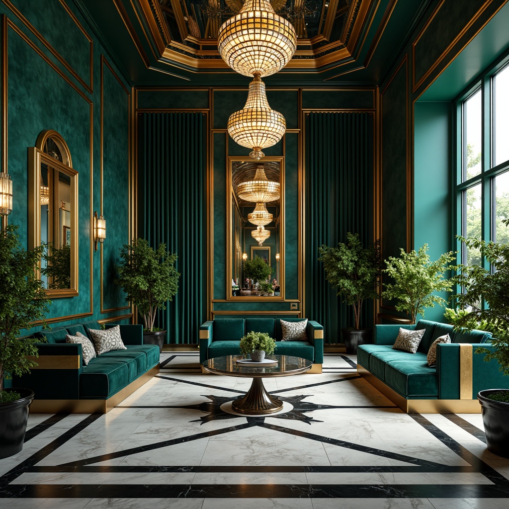 Prompt: Luxurious Art Deco interior, rich jewel tones, emerald green walls, navy blue accents, metallic gold fixtures, ornate geometric patterns, velvet drapes, polished marble floors, crystal chandeliers, sunburst mirrors, glamorous Hollywood Regency style, opulent furnishings, bold black outlines, lavish ornamentation, soft warm lighting, shallow depth of field, 1/1 composition, cinematic color grading, high-contrast ratios.