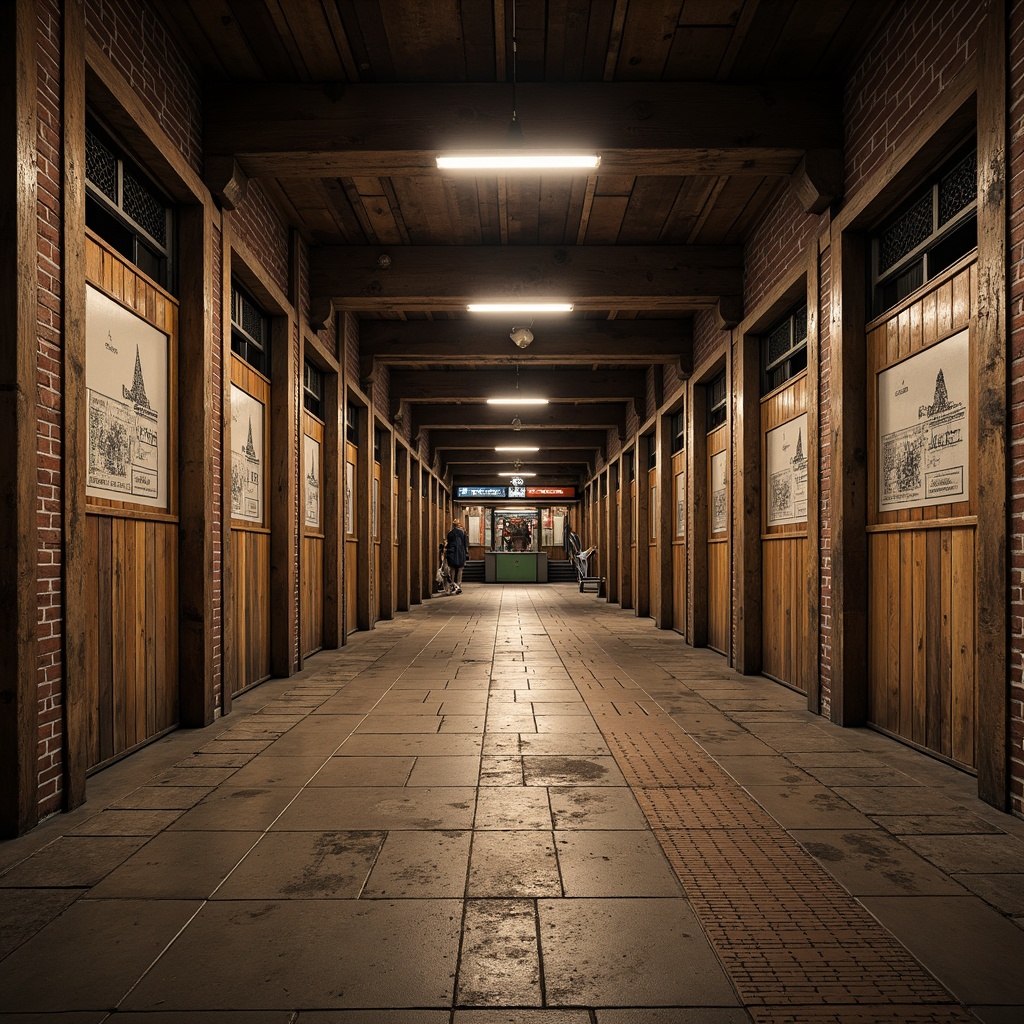 Prompt: Rustic metro station, industrial atmosphere, exposed brick walls, distressed wooden beams, rough-textured concrete floors, reclaimed wood planks, worn stone tiles, metallic accents, warm lighting, atmospheric shadows, shallow depth of field, 1/2 composition, cinematic view, realistic textures, ambient occlusion.