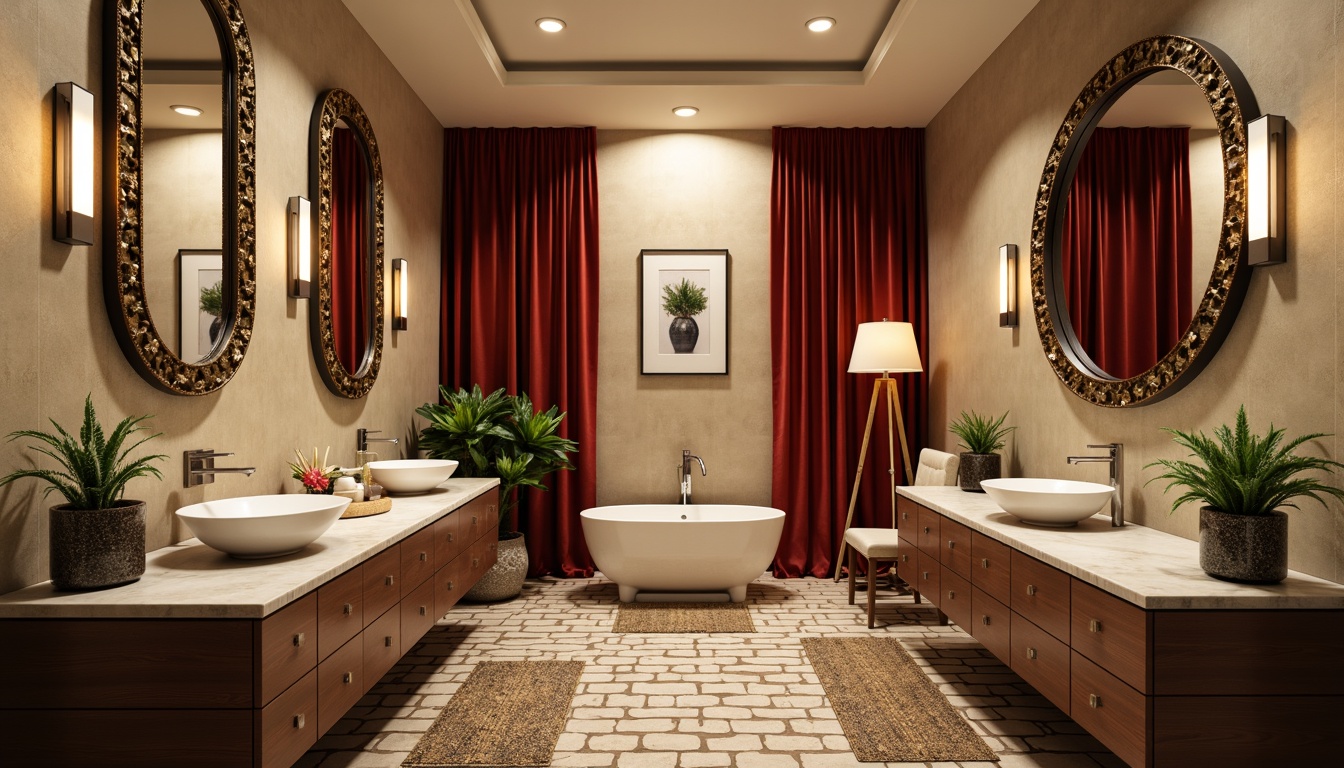 Prompt: Mid-century modern powder room, luxurious velvet drapes, sleek chrome fixtures, marble countertops, ornate mirrors, geometric patterned flooring, warm ambient lighting, soft focus, 3/4 composition, shallow depth of field, warm beige walls, rich walnut cabinetry, elegant sink basins, minimalist faucets, decorative wall sconces, natural stone accents, plush area rugs, tropical plants, retro-inspired color palette, bold graphic patterns.