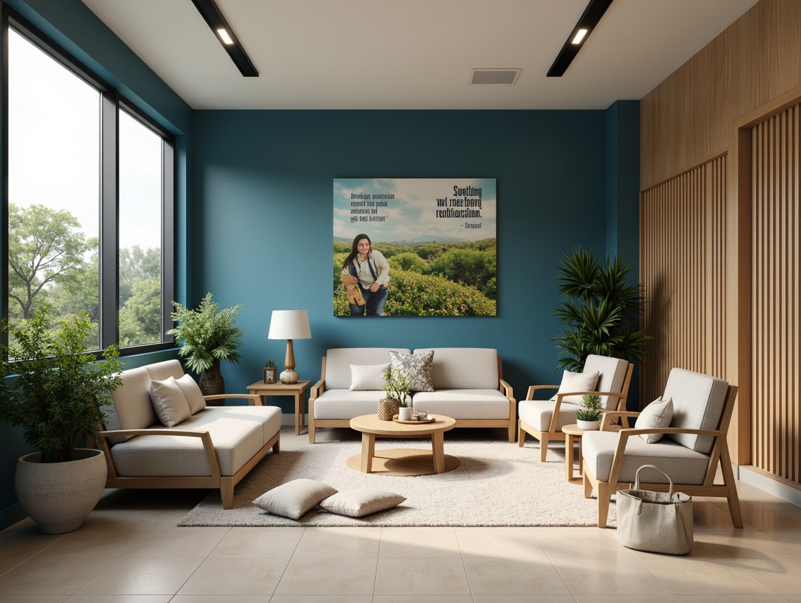 Prompt: Soothing rehabilitation center, indigo accent walls, calming beige floors, natural wood furniture, comfortable plush couches, refreshing greenery, vibrant artwork, motivational quotes, warm neutral lighting, shallow depth of field, 1/1 composition, serene atmosphere, realistic textures, ambient occlusion.