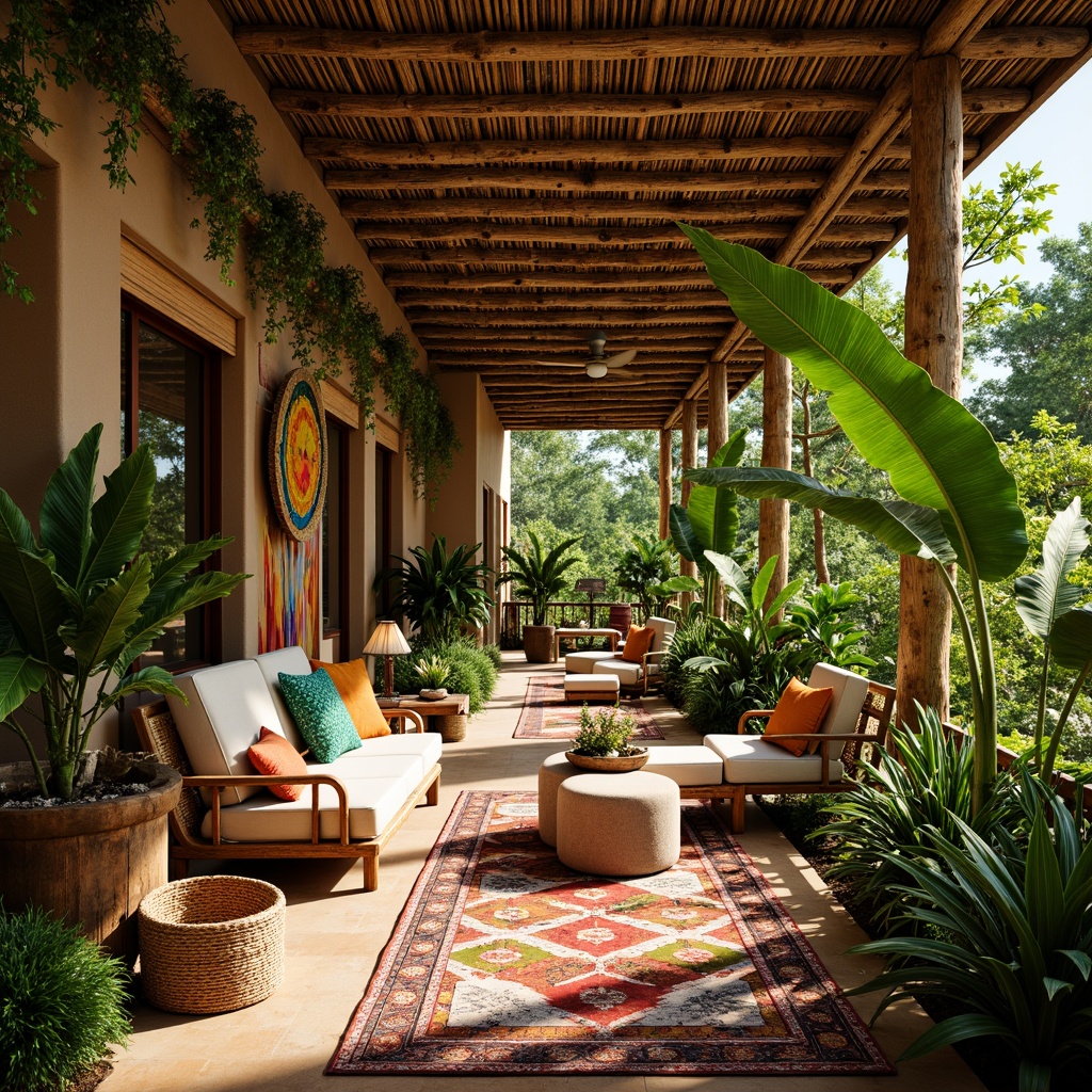 Prompt: Vibrant tropical interior, lush greenery, exotic flowers, natural wood accents, woven rattan furniture, colorful textiles, ethnic patterns, wicker decor, bamboo walls, thatched roofs, rustic wooden beams, earthy color palette, warm sunny lighting, shallow depth of field, 1/1 composition, realistic renderings, ambient occlusion.