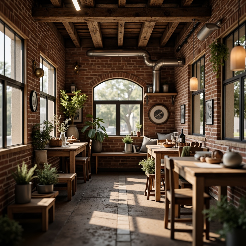 Prompt: Rustic industrial chic, exposed brick walls, distressed wooden beams, metal accents, reclaimed wood furniture, earthy color palette, vintage decorative items, cozy ambient lighting, shallow depth of field, 1/2 composition, warm natural textures, realistic wear and tear, nostalgic atmosphere, soft focus effect.