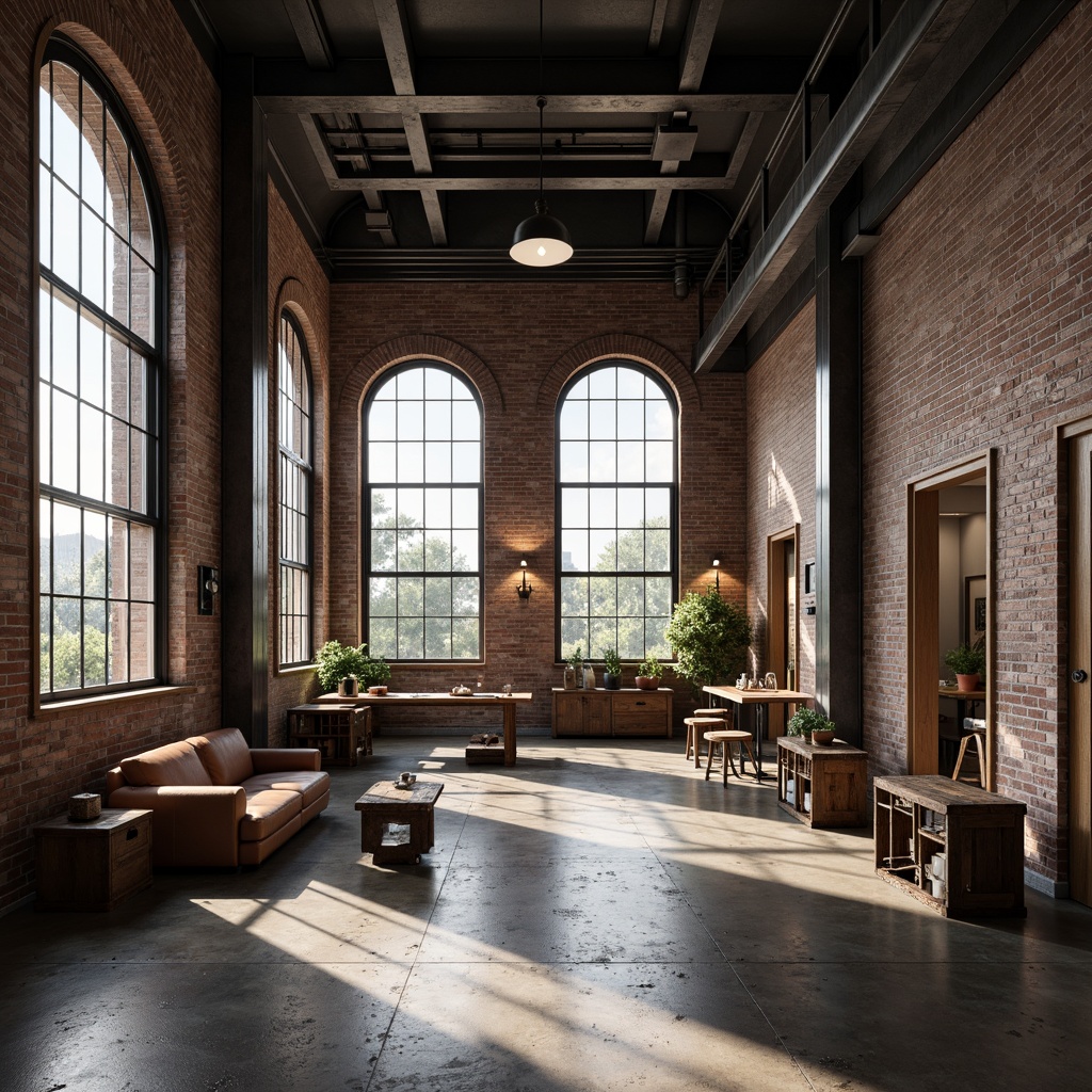 Prompt: Exposed brick walls, polished concrete floors, metal beams, industrial-style lighting fixtures, reclaimed wood accents, distressed textures, urban loft atmosphere, minimal ornamentation, functional simplicity, matte finishes, neutral color palette, worn leather furniture, steel frames, mechanical details, rustic wooden crates, vintage machinery parts, metallic sheen, high ceilings, open spaces, natural light pouring in, 3/4 composition, shallow depth of field, realistic textures, ambient occlusion.