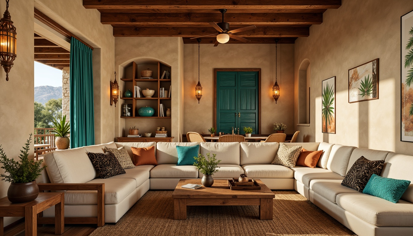 Prompt: Southwestern style family room, warm earthy tones, natural stone walls, wooden beams, vibrant turquoise accents, plush sectional sofas, woven baskets, rustic metal lanterns, soft warm lighting, table lamps with terra cotta shades, floor lamps with rattan details, pendant lights with glass tiles, cozy reading nooks, built-in shelving units, wooden coffee tables, woven jute rugs, desert botanical prints, warm beige walls, sunny afternoon ambiance, shallow depth of field, 3/4 composition, realistic textures.