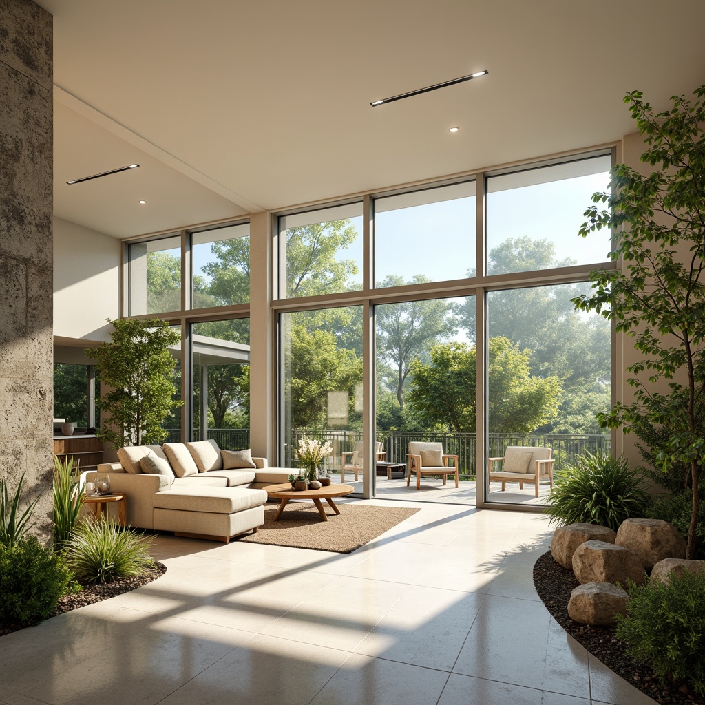 Prompt: Vibrant living room, floor-to-ceiling windows, sliding glass doors, minimal obstructions, reflective surfaces, light-colored flooring, airy atmosphere, abundance of natural light, sunny day, soft warm glow, gentle shadows, 1/1 composition, realistic textures, ambient occlusion, modern interior design, sustainable materials, eco-friendly furniture, lush greenery, blooming plants, natural stone accents.