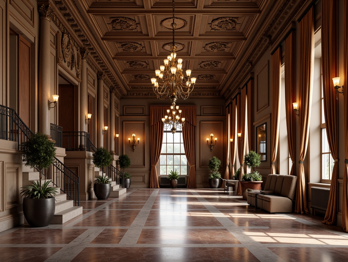 Prompt: Grandiose student halls, ornate columns, intricately carved wooden panels, luxurious chandeliers, rich velvet drapes, elegant marble floors, stately staircases, classic archways, refined moldings, subtle color palette, warm golden lighting, soft focus, 1/2 composition, symmetrical balance, realistic textures, ambient occlusion.