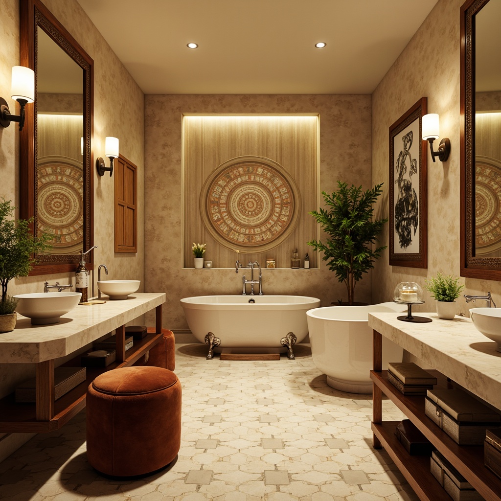 Prompt: Luxurious Art Deco bathroom, ornate mirrors, geometric tile patterns, chrome fixtures, freestanding tubs, velvet-upholstered stools, curved wooden vanities, glass vessel sinks, metallic accents, hexagonal floor tiles, decorative lighting sconces, polished marble countertops, warm beige walls, soft golden lighting, 1/1 composition, shallow depth of field, realistic textures, ambient occlusion.