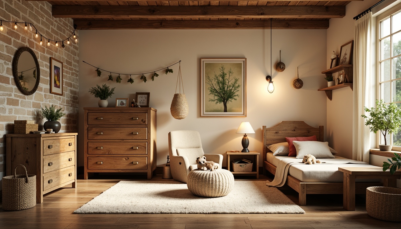 Prompt: Rustic kids' room, wooden furniture, distressed finishes, earthy color palette, soft warm lighting, table lamps, floor lamps, string lights, lanterns, candlelight, natural textiles, woven baskets, cozy reading nook, plush area rug, wooden beams, stone walls, vintage decorative items, nature-inspired accents, whimsical illustrations, warm beige tones, creamy whites, weathered wood, relaxed ambiance, soft shadows, 1/1 composition, intimate scale, realistic textures.