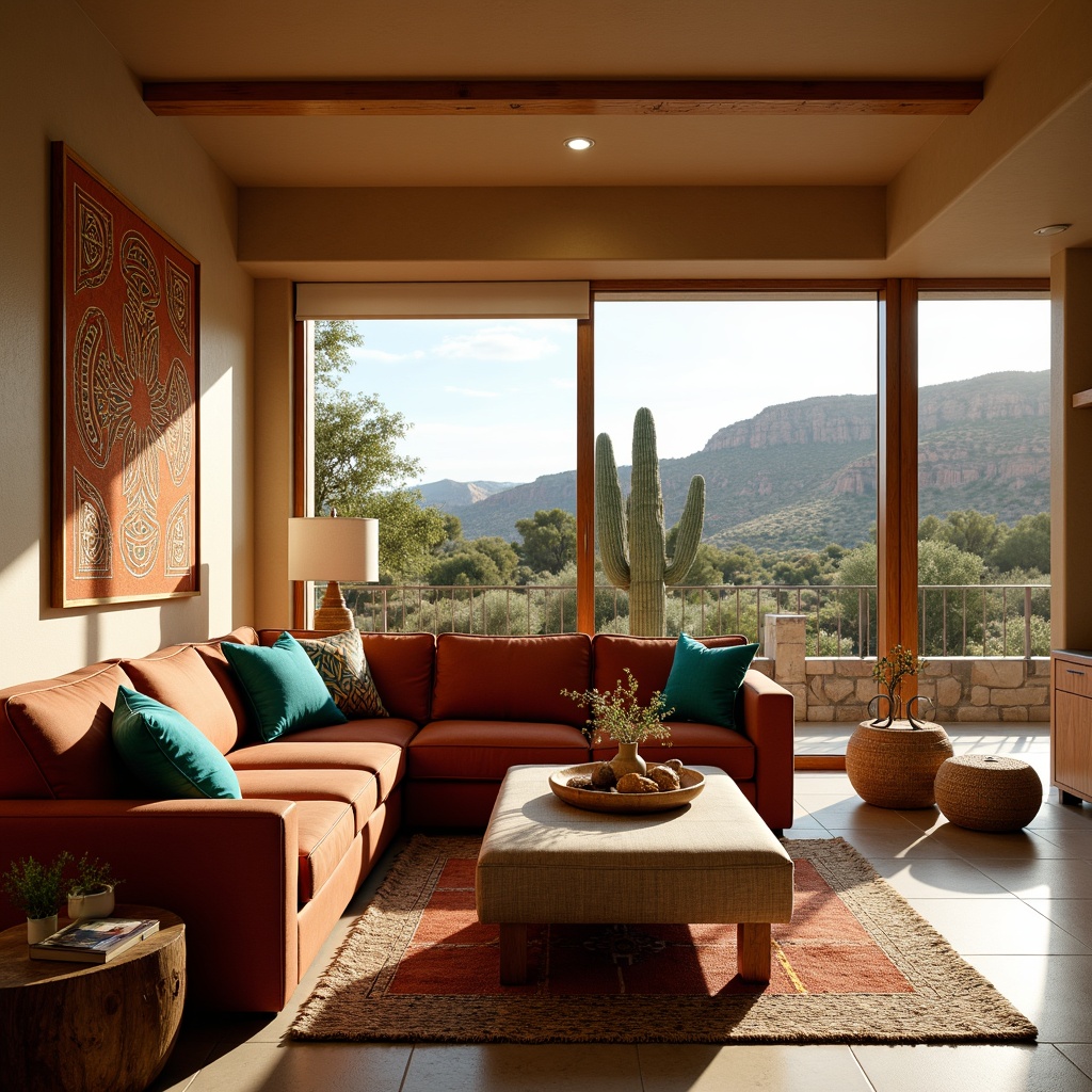 Prompt: Cozy Southwestern family room, earthy tones, warm beige walls, plush rust-colored sectional sofa, vibrant turquoise accents, woven Native American-inspired textiles, natural fiber rugs, wooden coffee table with carved tribal patterns, floor-to-ceiling windows, breathtaking desert landscape views, soft warm lighting, shallow depth of field, 3/4 composition, panoramic view, realistic textures, ambient occlusion.