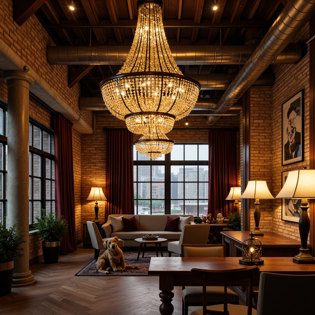 Prompt: Elegant chandeliers, crystal droplets, warm golden lighting, ornate metalwork, luxurious fabrics, draping curtains, dimmable settings, soft ambient glow, cozy reading nooks, intimate seating areas, rich wood tones, vintage lamp shades, distressed metal finishes, Edison bulbs, exposed brick walls, rustic wooden beams, industrial chic decor, urban loft atmosphere, dramatic ceiling heights, floor-to-ceiling windows, natural daylight pouring in.