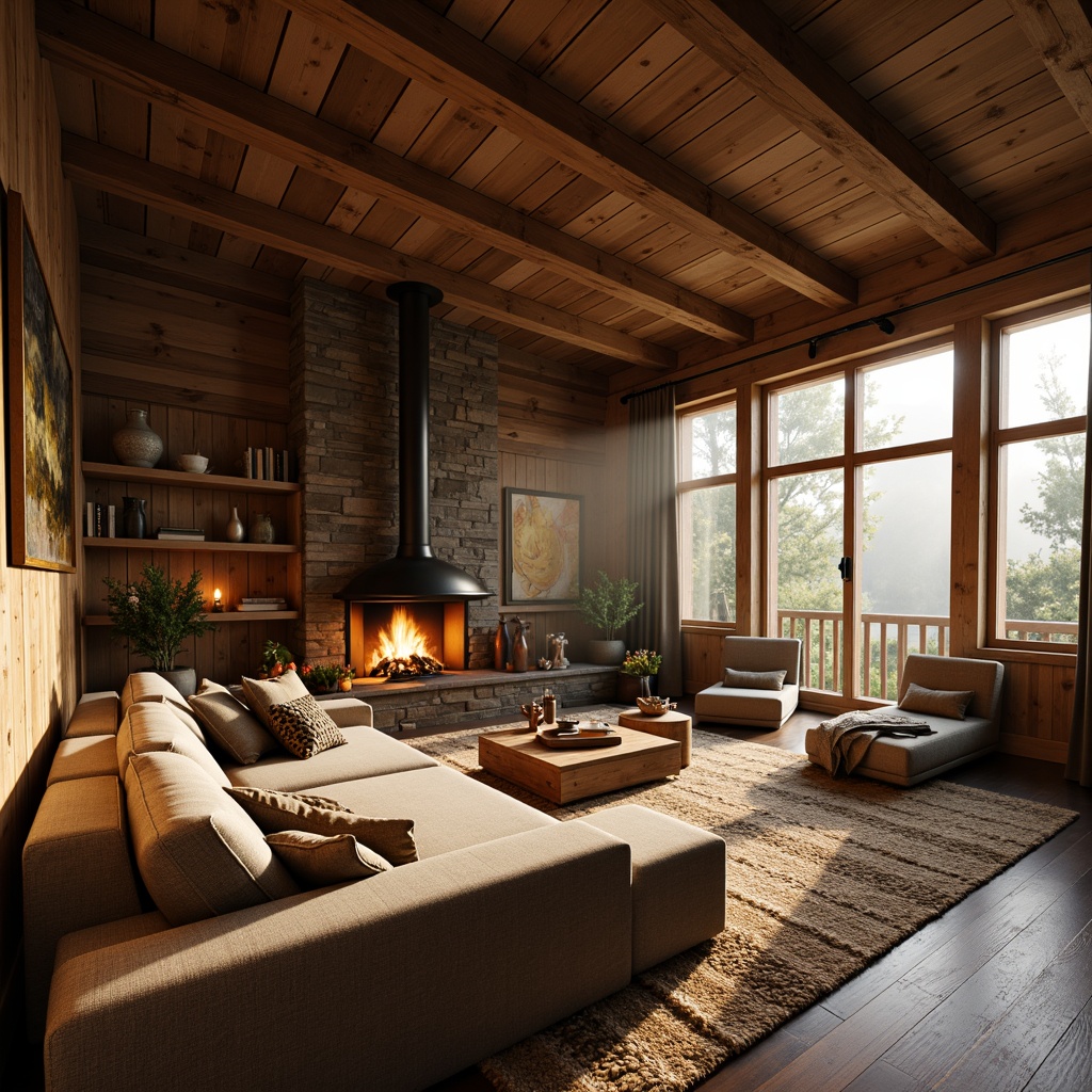 Prompt: Rustic wooden cabin, earthy tones, warm beige, weathered wood accents, natural stone walls, vintage metal decor, cozy fireplace, plush woven textiles, soft candlelight, misty morning atmosphere, 1/2 composition, shallow depth of field, warm golden lighting, realistic textures, ambient occlusion.