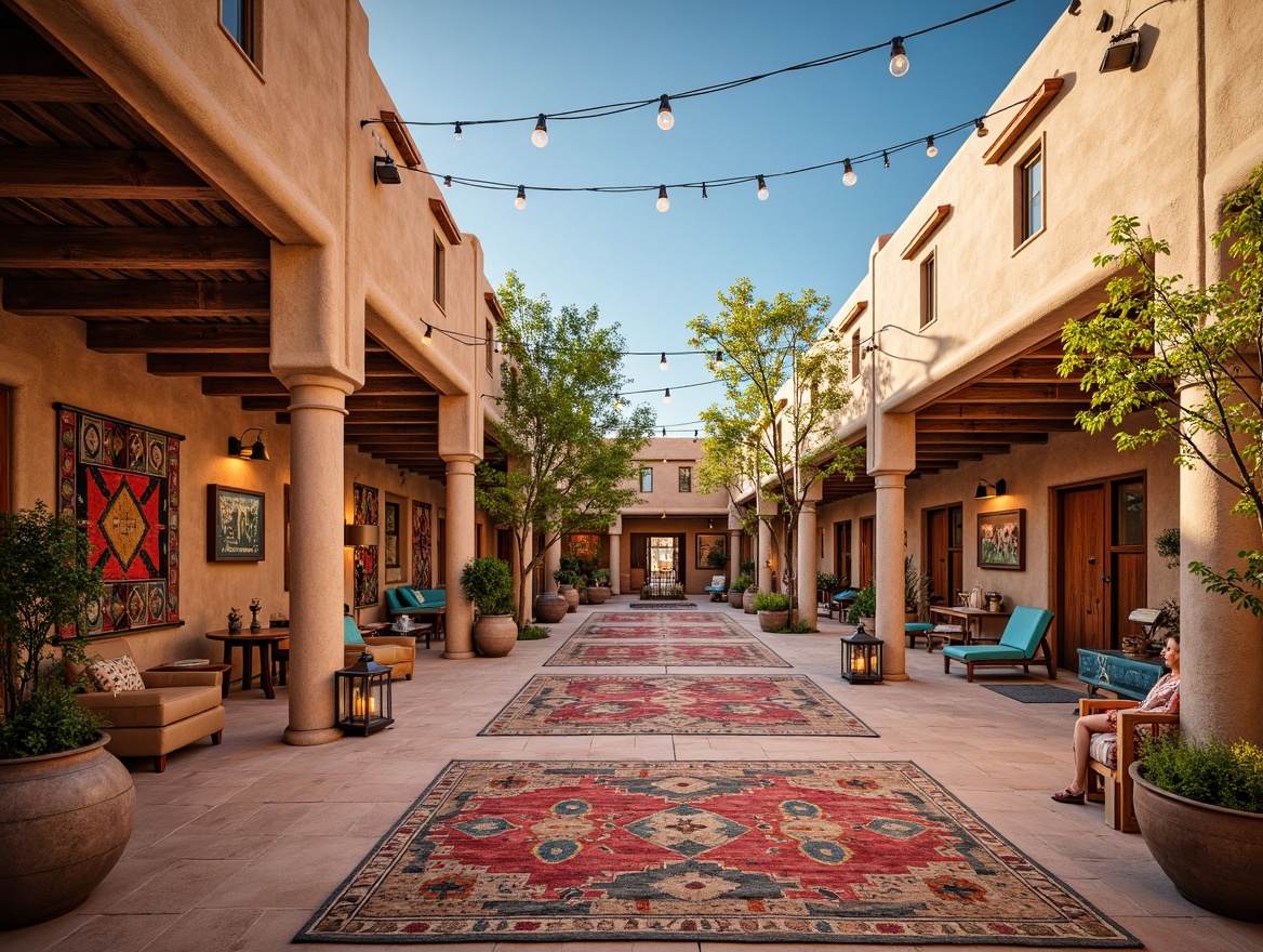 Prompt: Vibrant Southwestern cultural center, adobe architecture, earthy tones, turquoise accents, warm lighting, lantern-style lamps, woven textiles, geometric patterns, Navajo-inspired rugs, rustic wooden beams, natural stone walls, vibrant pottery displays, colorful tapestries, festive outdoor courtyards, warm sunny day, soft golden lighting, shallow depth of field, 3/4 composition, panoramic view, realistic textures, ambient occlusion.