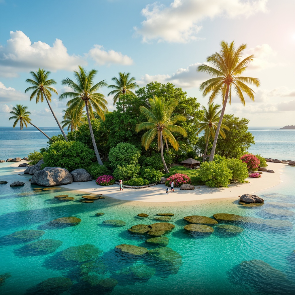 Prompt: Vibrant tropical island, turquoise waters, coral reefs, lush green palms, exotic flowers, warm sandy beaches, sunny afternoon, soft golden lighting, pastel color scheme, 1/2 composition, realistic textures, subtle gradient effects.