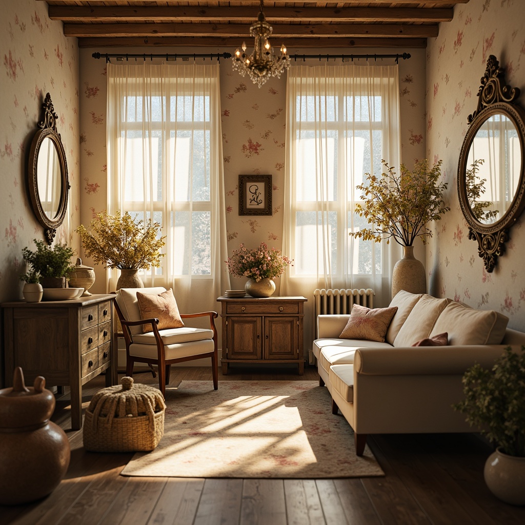 Prompt: Soft warm lighting, distressed wooden furniture, vintage decor, pastel color palette, lace curtains, floral patterns, antique accessories, ornate mirrors, rustic metal fixtures, candlelit ambiance, warm beige tones, soft cream hues, natural textiles, woven baskets, floral arrangements, delicate porcelain vases, elegant chandeliers, subtle shadows, 1/1 composition, shallow depth of field, romantic atmosphere.