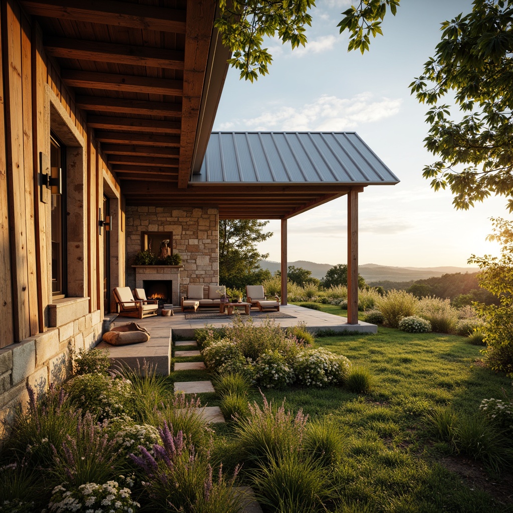 Prompt: Rustic farmhouse, reclaimed wood accents, natural stone walls, earthy tones, wooden beams, exposed brick, vintage metal roofing, lush greenery, wildflowers, countryside views, rolling hills, warm sunny day, soft golden lighting, shallow depth of field, 1/1 composition, realistic textures, ambient occlusion.