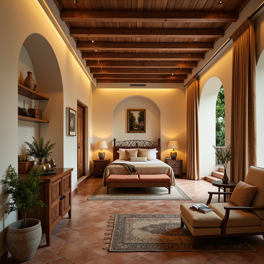 Prompt: Warm Mediterranean style bedroom, soft creamy walls, rustic terracotta tiles, distressed wooden furniture, ornate metal accents, lavish fabrics, rich velvet drapes, natural stone flooring, earthy color palette, warm golden lighting, cozy reading nook, plush area rugs, decorative ceiling details, elegant archways, tranquil ambiance, serene atmosphere, soft focus photography, 1/1 composition, shallow depth of field.