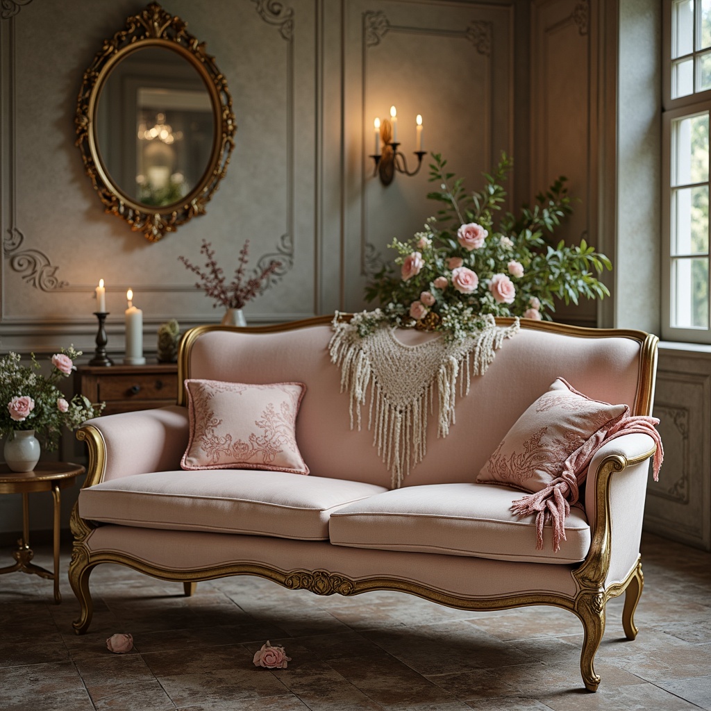 Prompt: Vintage distressed finishes, soft pastel colors, ornate carvings, plush upholstery, velvet fabrics, lace trims, rustic wooden textures, worn leather accents, antique hardware, feminine curves, elegant lines, romantic florals, muted gold tones, candlelit ambiance, warm soft lighting, 3/4 composition, shallow depth of field, realistic textures.