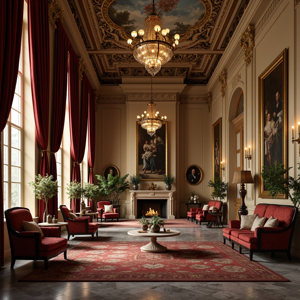 Prompt: Luxurious Baroque interior, rich gold accents, ornate furnishings, velvet drapes, grand chandeliers, intricate carvings, marble floors, lavish tapestries, warm beige walls, deep crimson reds, regal blues, gilded frames, opulent fabrics, dramatic lighting, low-key shadows, atmospheric ambiance, 1/1 composition, soft focus, subtle textures.