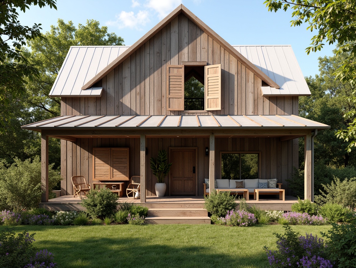 Prompt: Rustic farmhouse, weathered wood cladding, earthy tones, vertical board and batten, galvanized metal roofs, wooden shutters, country-inspired decor, lush greenery, wildflowers, sunny day, soft warm lighting, shallow depth of field, 3/4 composition, panoramic view, realistic textures, ambient occlusion.