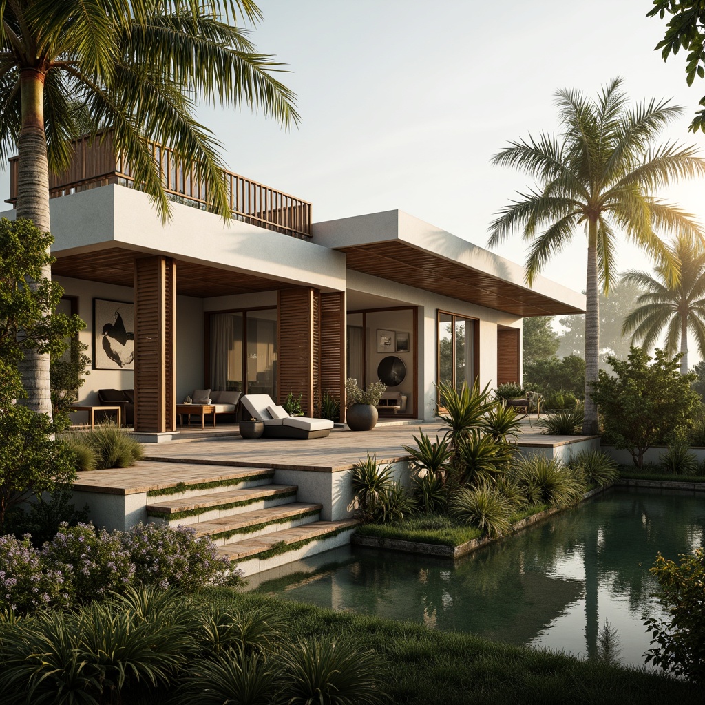 Prompt: Tropical modern villa, large overhanging eaves, natural ventilation, wooden louvers, sliding glass doors, open-plan living area, high ceilings, clerestory windows, cross-ventilation strategy, breathable walls, permeable materials, lush green roof, rooftop garden, misty morning atmosphere, warm golden lighting, shallow depth of field, 1/1 composition, realistic textures, ambient occlusion.