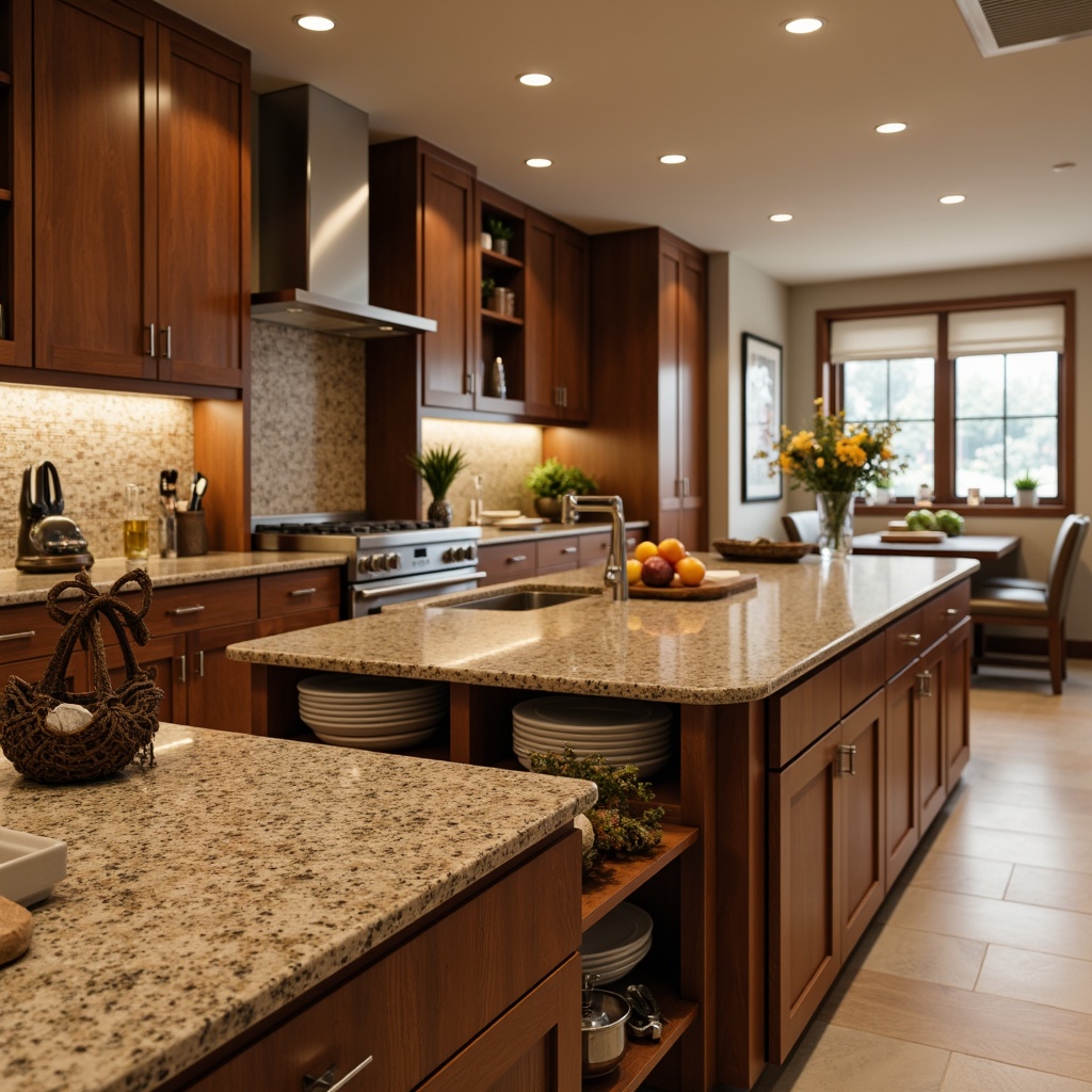 Prompt: Polished granite countertops, rich wood cabinetry, warm beige flooring, academic kitchen setting, modern appliances, stainless steel sink, pendant lighting, cozy seating area, natural stone backsplash, earthy color palette, soft morning light, shallow depth of field, 1/1 composition, realistic textures, ambient occlusion.