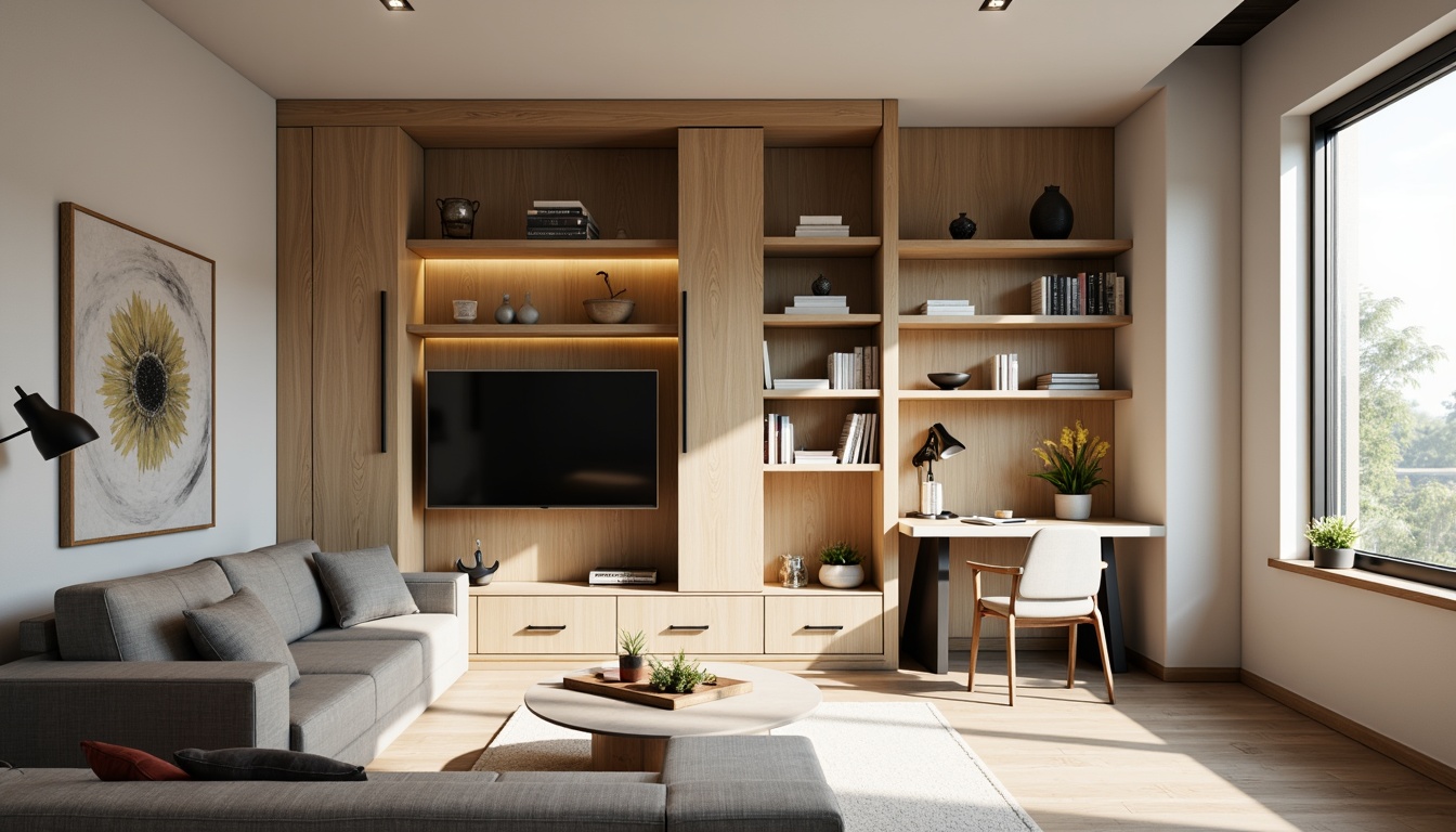 Prompt: Compact living room, multi-functional furniture, sleek modern design, neutral color palette, minimalist decor, wall-mounted shelves, space-saving storage units, ergonomic seating, adjustable desk, hidden compartments, optimized floor plan, natural light, airy atmosphere, soft warm lighting, 3/4 composition, shallow depth of field, realistic textures.