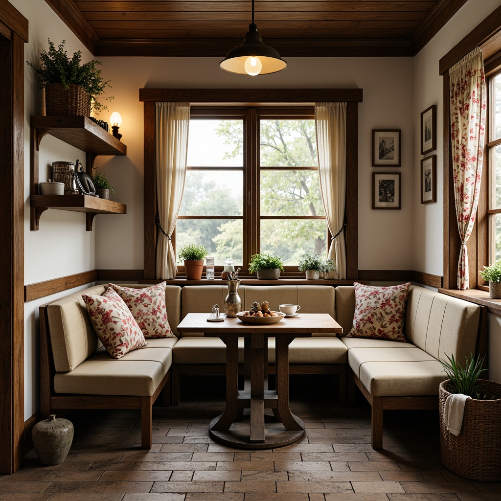 Prompt: Cozy breakfast nook, rustic wooden tables, plush cushions, vintage metal chairs, soft warm lighting, natural stone floors, earthy tone color palette, woven baskets, potted plants, farmhouse-inspired decor, distressed wood accents, country-style kitchenware, floral patterned curtains, intimate seating arrangements, 1/1 composition, shallow depth of field, realistic textures, ambient occlusion.