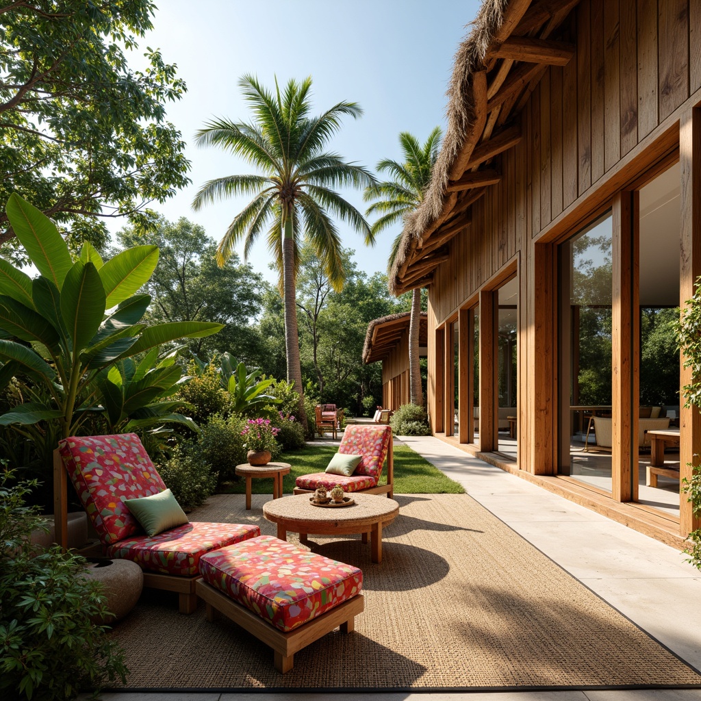 Prompt: Vibrant tropical house, lush greenery, exotic flowers, wooden accents, rattan furniture, colorful textiles, natural fiber rugs, woven bamboo walls, thatched roof, modern tropical architecture, large windows, sliding glass doors, palm trees, sunny day, soft warm lighting, shallow depth of field, 3/4 composition, panoramic view, realistic textures, ambient occlusion.