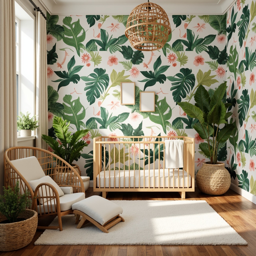 Prompt: Vibrant tropical baby room, exotic floral patterns, soft pastel colors, gentle leaf-inspired designs, natural fibers, woven rattan furniture, plush area rug, delicate wooden crib, hand-painted wall art, sunny warm lighting, shallow depth of field, 1/1 composition, realistic textures, ambient occlusion.