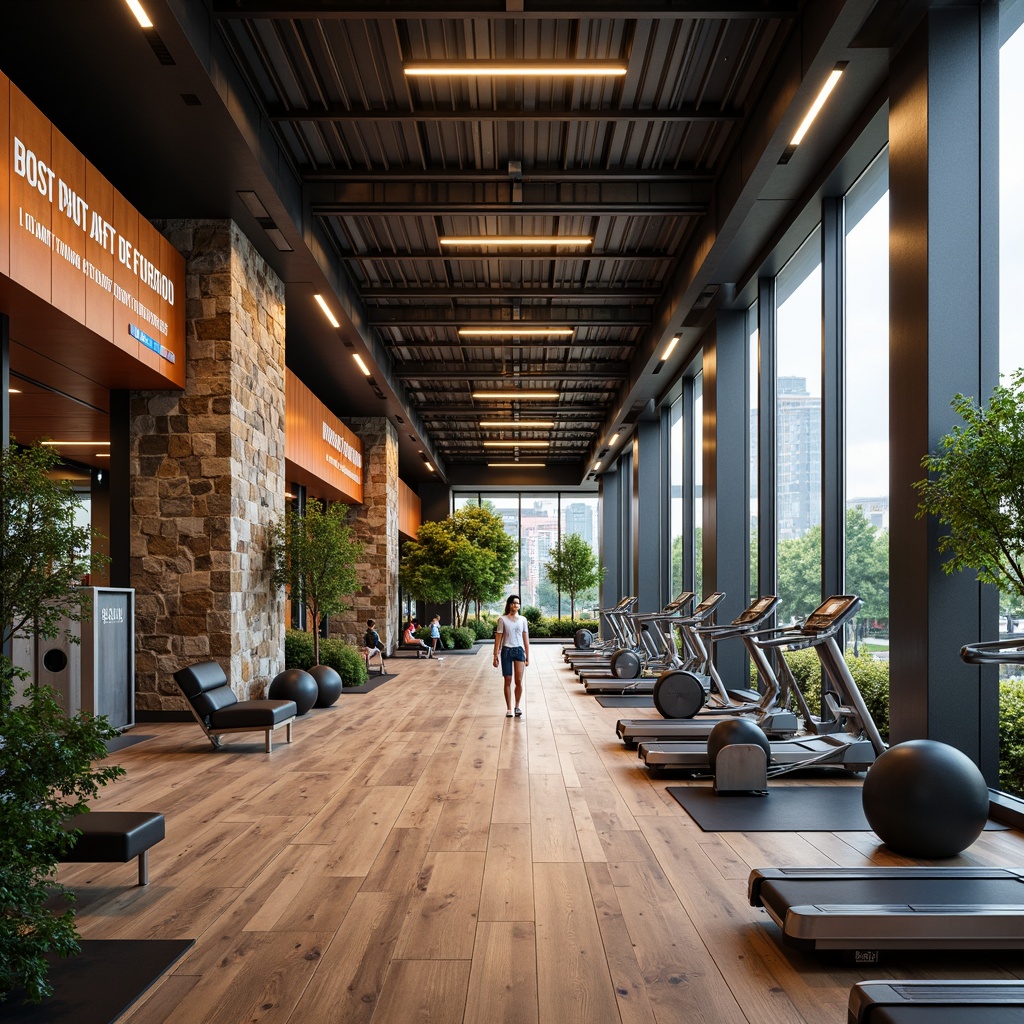 Prompt: Modern fitness center, sleek metal equipment, mirrored walls, polished wooden floors, vibrant color accents, motivational quotes, inspirational posters, refreshing greenery, lush plants, natural stone features, industrial-style lighting, high ceilings, spacious open areas, ergonomic seating, minimalist decor, futuristic architecture, advanced sound systems, dynamic LED lights, panoramic windows, abundant natural light, soft warm ambiance, shallow depth of field, 3/4 composition.