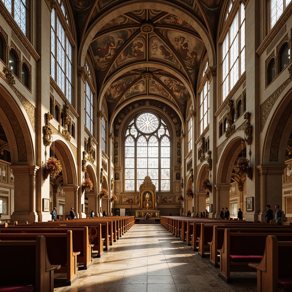 Prompt: Intricate stone carvings, ornate wooden pews, stained glass windows, vaulted ceilings, grandiose chandeliers, lavish frescoes, marble floors, intricate mosaics, gilded details, Baroque-inspired ornaments, rich velvet fabrics, warm golden lighting, soft shadows, 1/1 composition, symmetrical framing, realistic textures, ambient occlusion.