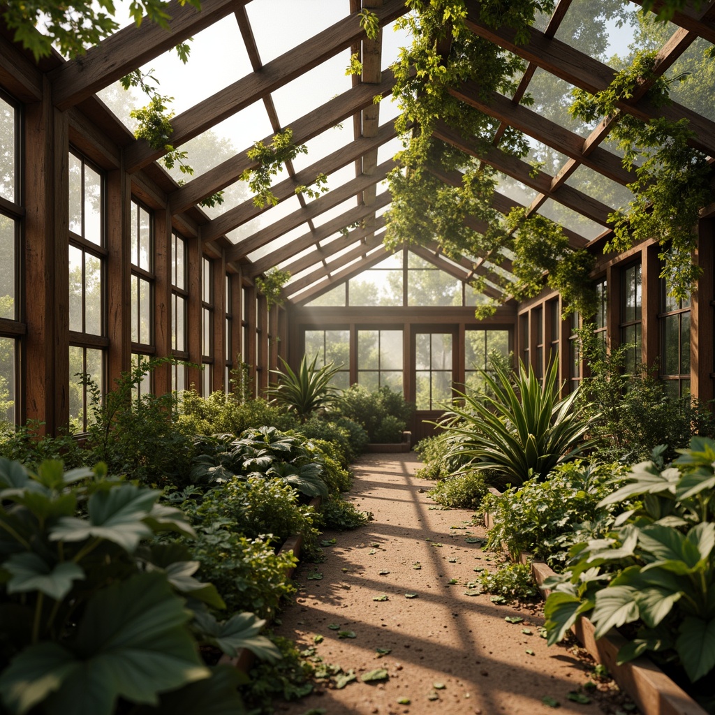 Prompt: Rustic wooden greenhouse, earthy brown frames, vintage metal accents, lush green foliage, natural stone pathways, moss-covered walls, distressed wood textures, warm golden lighting, soft morning dew, shallow depth of field, 1/2 composition, realistic plant life, ambient occlusion, earth tones, sage greens, sandy beiges, weathered wood browns, misty atmosphere.