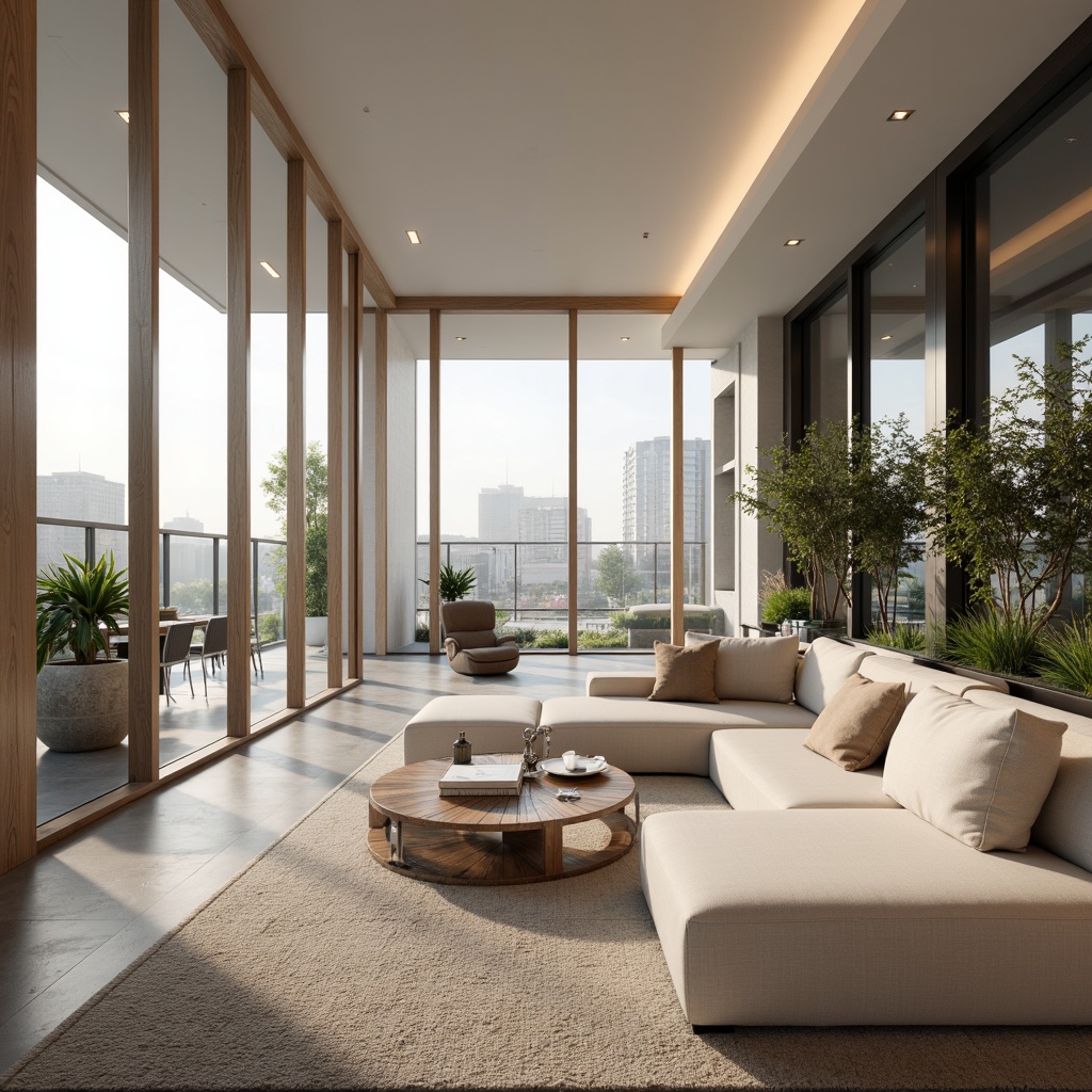 Prompt: Modern apartment interior, sleek lines, minimalist decor, neutral color scheme, calming atmosphere, soft warm lighting, creamy whites, gentle grays, taupe accents, rich wood tones, metallic finishes, geometric patterns, urban landscape views, floor-to-ceiling windows, natural textiles, industrial chic accents, cozy reading nooks, intimate ambiance, shallow depth of field, 1/1 composition, realistic renderings.