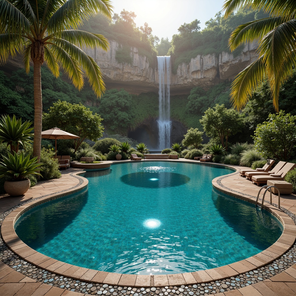 Prompt: Elegant curved swimming pool, ornate metal railings, mosaic tiles, iridescent glass beads, undulating water lines, lush greenery, tropical plants, natural rock formations, cascading waterfall, serene pond, rippling water effects, warm golden lighting, soft misty atmosphere, shallow depth of field, 1/1 composition, symmetrical view, highly detailed textures, ambient occlusion.