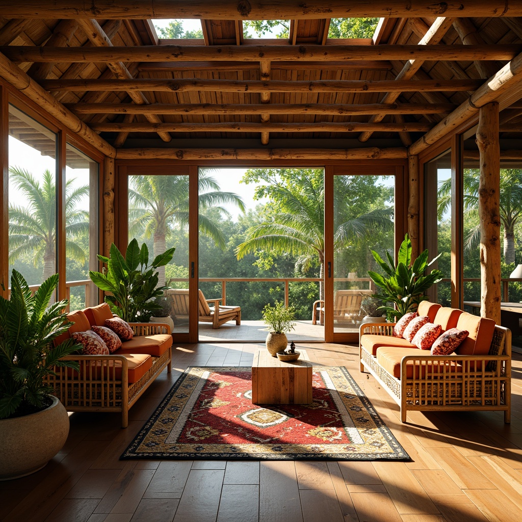 Prompt: Tropical interior, warm natural light, bamboo flooring, woven rattan furniture, lush greenery, exotic plants, palm trees, vibrant colorful textiles, intricate geometric motifs, wooden accents, distressed wood finishes, earthy tones, minimal ornamentation, large windows, sliding glass doors, clerestory windows, high ceilings, airy atmosphere, soft warm lighting, shallow depth of field, 3/4 composition, panoramic view, realistic textures, ambient occlusion.