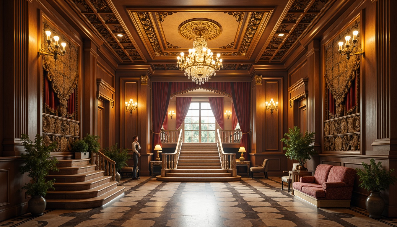 Prompt: Luxurious mansion, grand foyer, sweeping staircase, ornate moldings, intricately carved wood, gilded details, crystal chandeliers, marble floors, velvet drapes, rich tapestries, regal furniture, soft golden lighting, warm color palette, classical architecture, symmetrical composition, high contrast ratio, shallow depth of field, 1/2 composition, realistic textures, ambient occlusion.