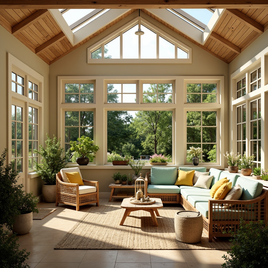 Prompt: Vibrant sunroom, warm natural light, bright skylights, lush greenery, wooden accents, earthy tones, sandy beige walls, creamy white trim, soft mint furniture, pastel blue decor, golden yellow textiles, woven wicker chairs, rattan coffee tables, natural fiber rugs, rustic metal lanterns, blooming flowers, sunny afternoon, gentle warm lighting, shallow depth of field, 1/1 composition, realistic textures, ambient occlusion.