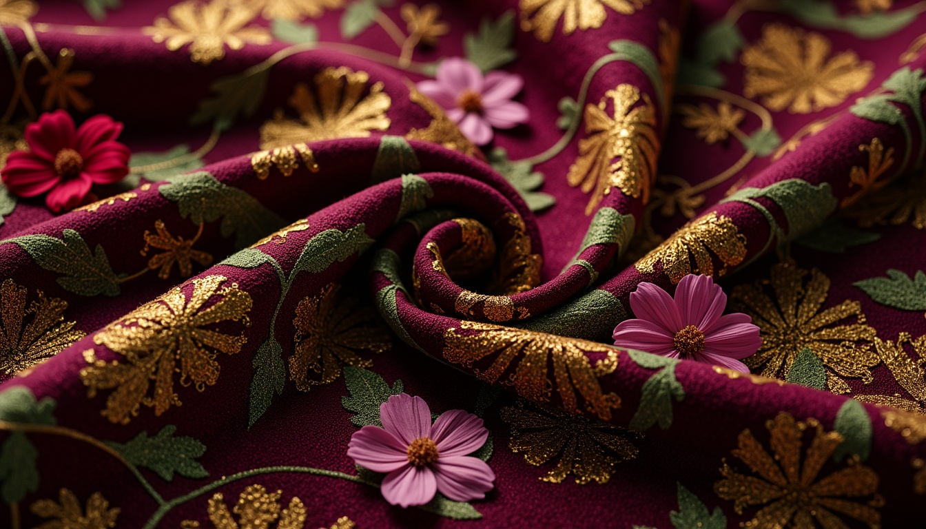 Prompt: Luxurious velvet fabrics, intricate golden embroidery, ornate brocade patterns, rich crimson reds, deep emerald greens, lavish silk textures, regal purple hues, Rococo-inspired motifs, curved lines, acanthus leaf ornaments, gilded accents, elaborate floral arrangements, soft warm lighting, shallow depth of field, 1/1 composition, realistic reflections, ambient occlusion.