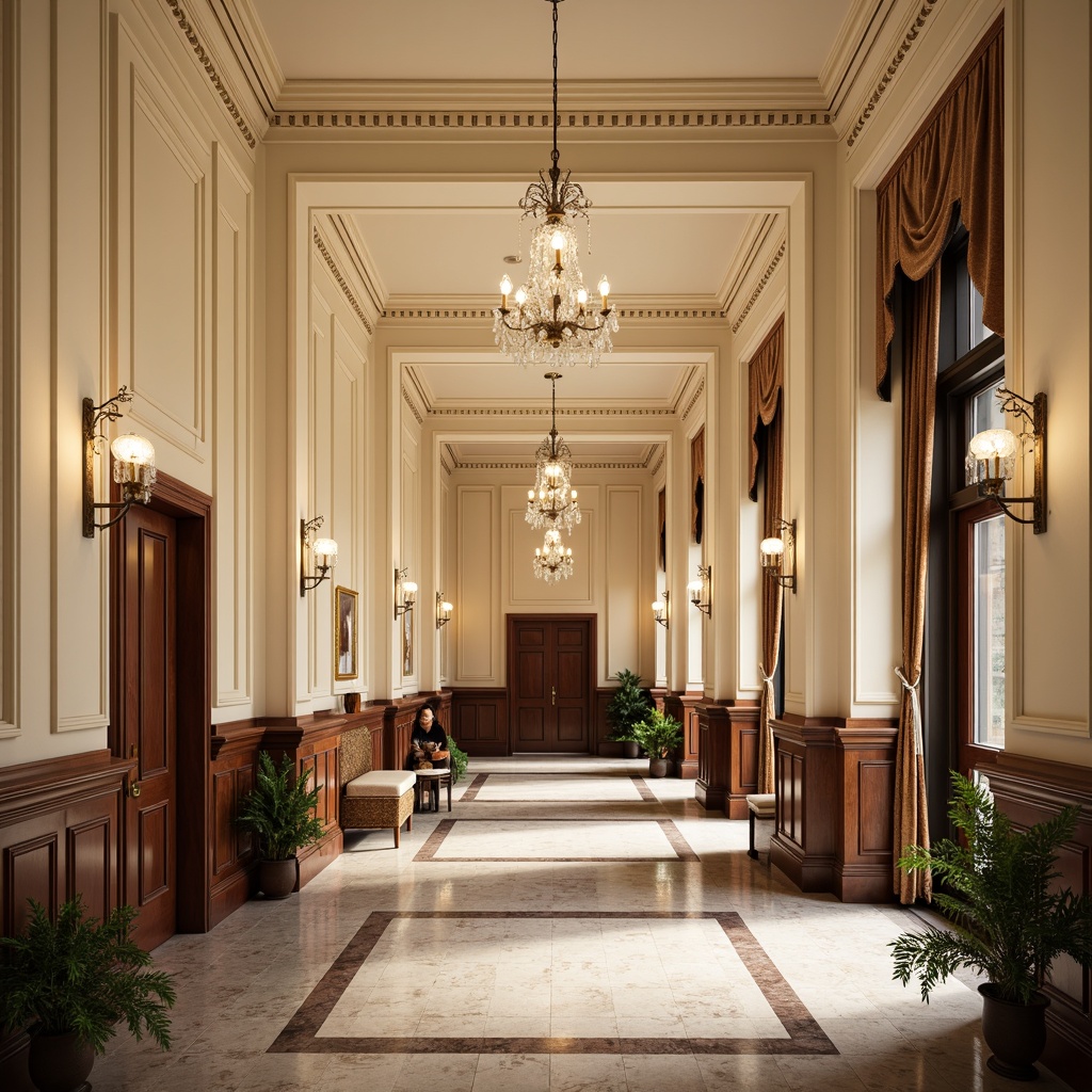 Prompt: Elegant student halls, classicism style, cream-colored walls, ornate moldings, decorative wainscoting, rich wood paneling, polished marble floors, crystal chandeliers, luxurious furnishings, velvet drapes, soft warm lighting, shallow depth of field, 1/1 composition, realistic textures, ambient occlusion.