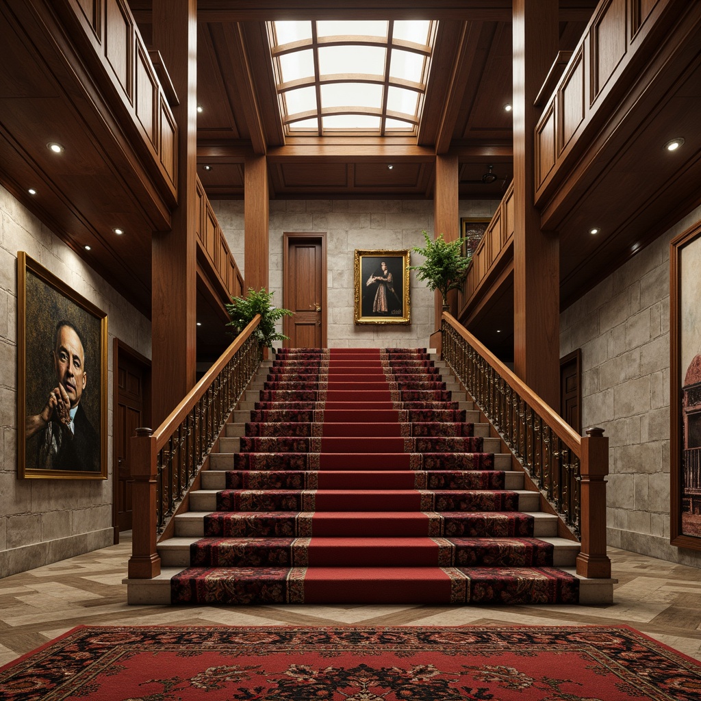 Prompt: Grand staircase, luxurious carpeted steps, polished metal handrails, smooth wooden banisters, textured stone walls, richly patterned rugs, ornate bronze fixtures, dramatic ceiling heights, warm ambient lighting, shallow depth of field, 1/1 composition, realistic reflections, intricate architectural details.