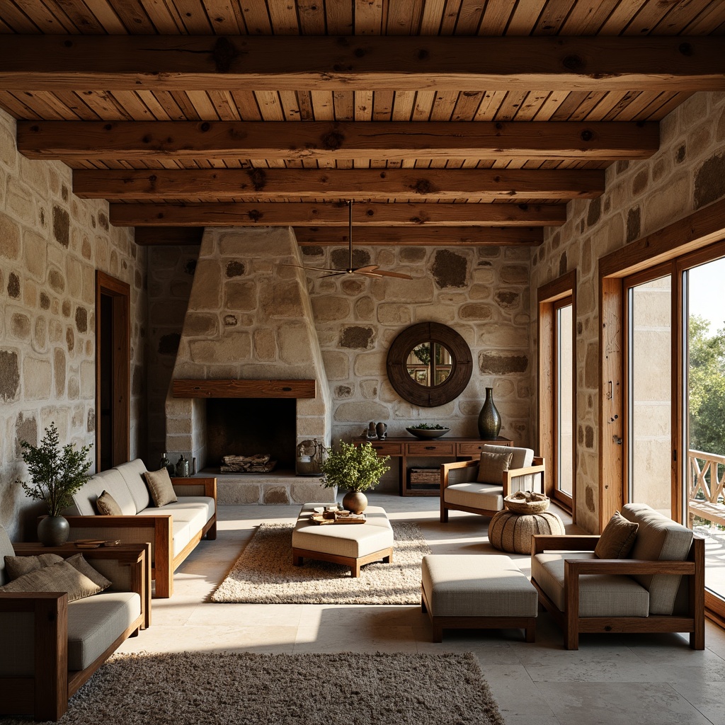 Prompt: Rustic wooden beams, natural stone walls, earthy color palette, handcrafted wood furniture, vintage metal fixtures, reclaimed wood accents, cozy fireplace, plush area rugs, warm ambient lighting, shallow depth of field, 1/1 composition, intimate interior spaces, organic textures, subtle shadowing, afternoon sunlight, peaceful atmosphere.